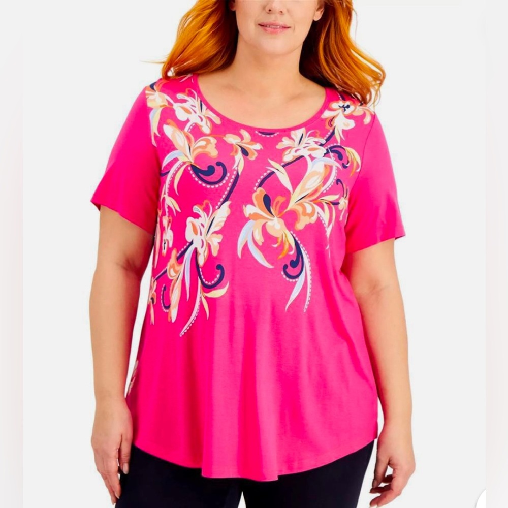 JM Collection Fuchsia Size Printed Scoop Neck Top